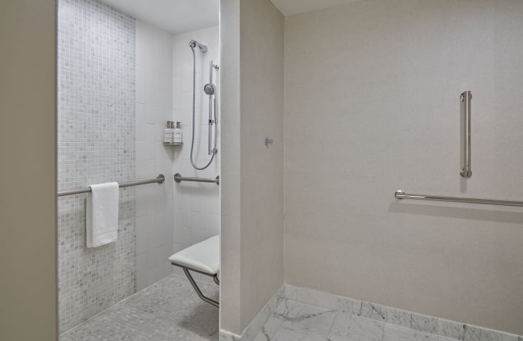 The shower area inside an ADA room at the Camby