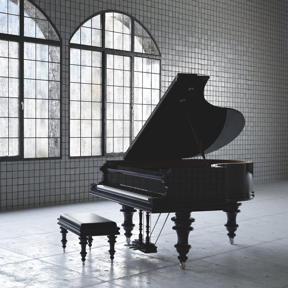 A piano in a beautiful tiled room at the Musical Instrument Museum