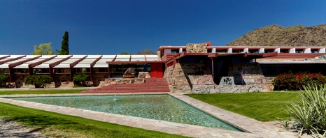 A building with. triangle pool at Taliesin West Tours in Phoenix