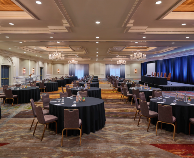 Camby ballroom with tables setup for a function