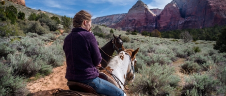 A woman riding a horse int he outback of Arizona