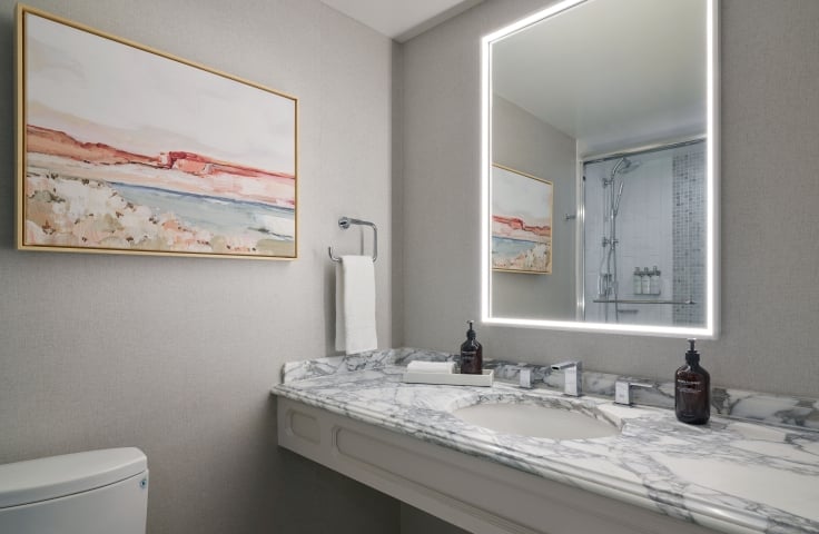 Bathroom counter in a room at the Camby