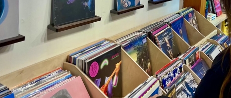 A woman looking through records at Zia Records in Arizona