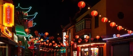 Los Angeles, United States – July 01, 2012: Night view of Chinatown with colorful neon lights and hanging lanterns in Los Angeles, California