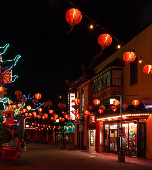 Los Angeles, United States – July 01, 2012: Night view of Chinatown with colorful neon lights and hanging lanterns in Los Angeles, California