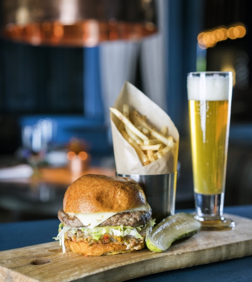 Yellowbell restaurant, burger, beer, French fries, pickle