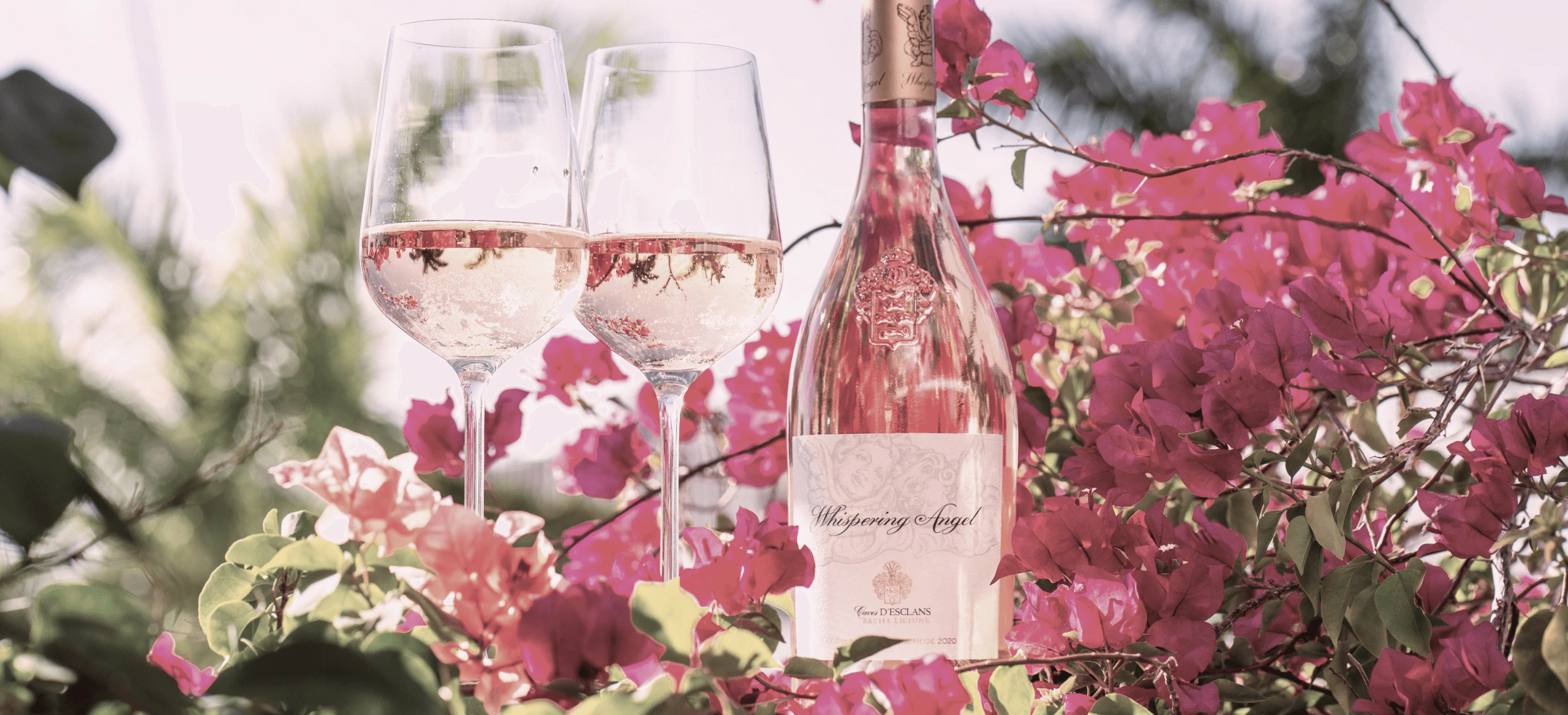 Whispering Angel, Château d’Esclans, rose wine bottle, 2 wine glasses, pink Bougainvillea flowers in background