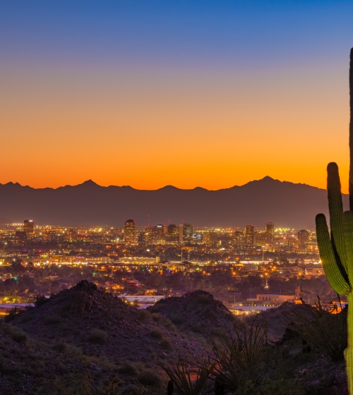Skyline of Midtown Phoenix at sunset with an orange skyline and mountains in the background and a mountainside and a partially lit Saguaro Cactus in the foreground.