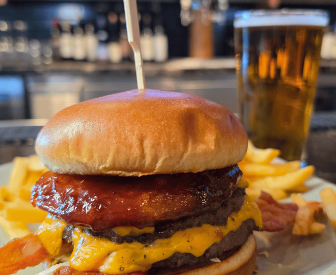 hamburger and fries and beer