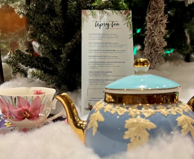 Tea Pot, Tea Cup, and Tipsy Tea Menu in snow