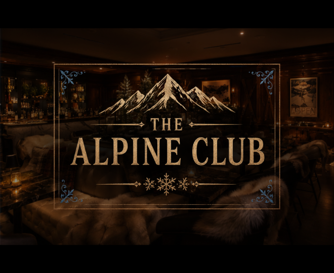 Logo over image of event space decorated as a ski lodge