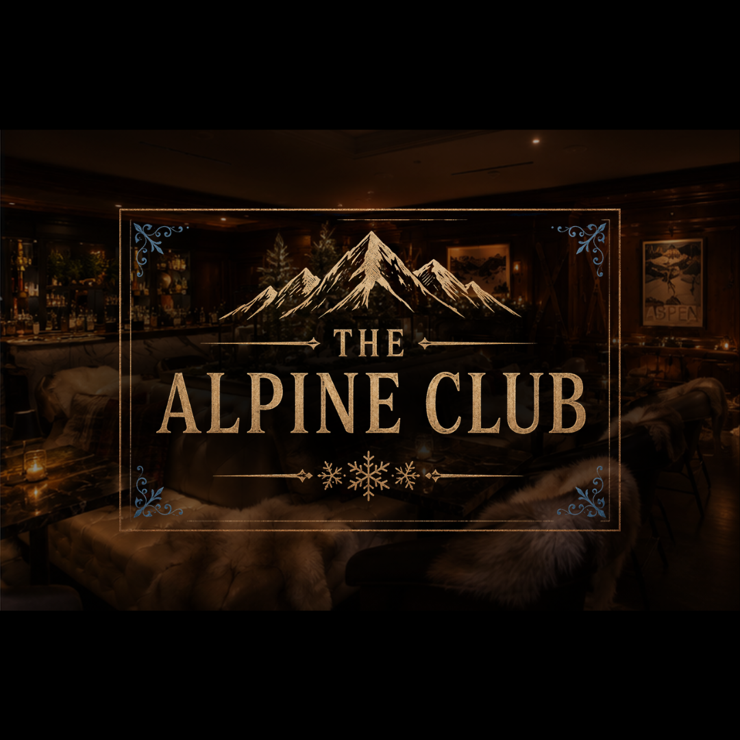 Logo over image of event space decorated as a ski lodge