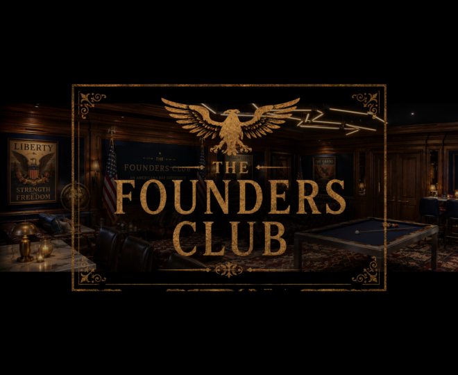 Founders Club logo over the bar decorated for the americana experience