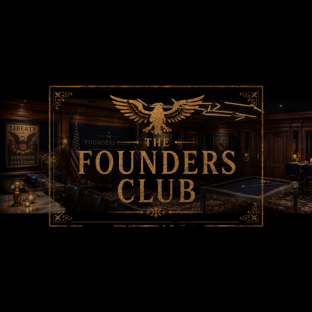 Founders Club logo over the bar decorated for the americana experience