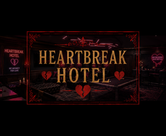 Heartbreak Hotel Logo over an image of the anti love bar dining room