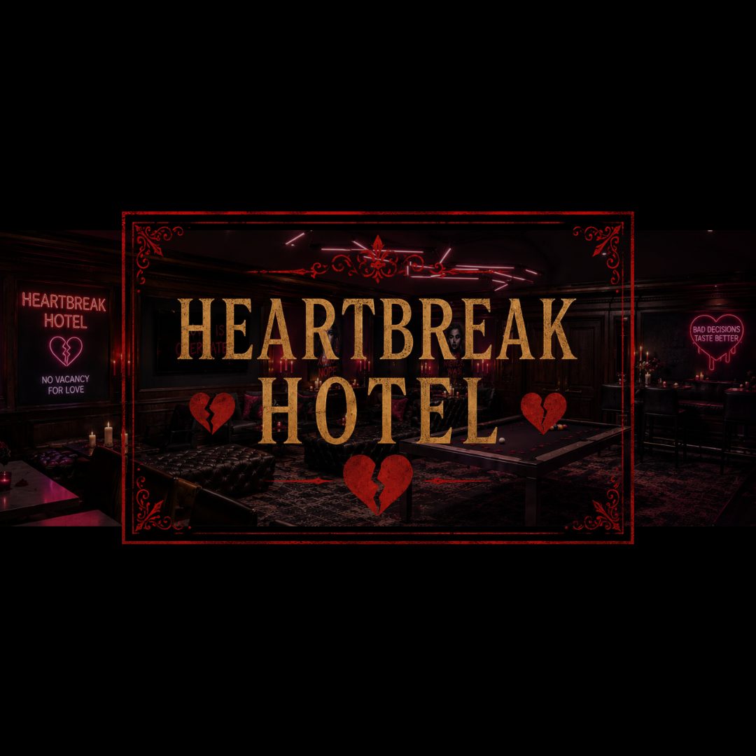 Heartbreak Hotel Logo over an image of the anti love bar dining room