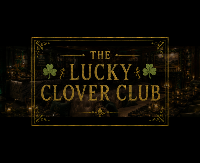 Lucky Clover Club logo over decorated bar for st. patrick's day