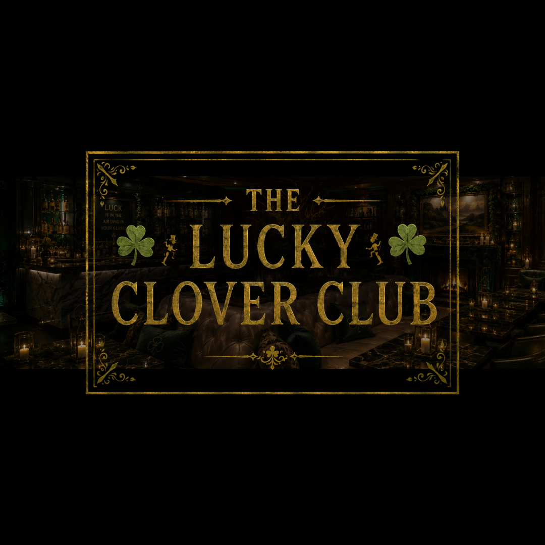 Lucky Clover Club logo over decorated bar for st. patrick's day